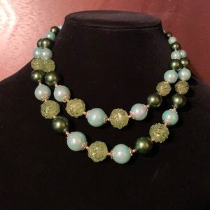 A Vintage two strands of green colored costume beads/pearls. Necklace/Chocker!